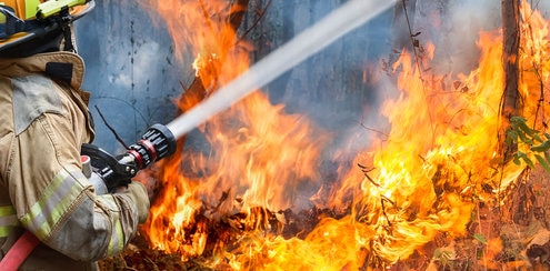 Firefighters spray water on wildfire