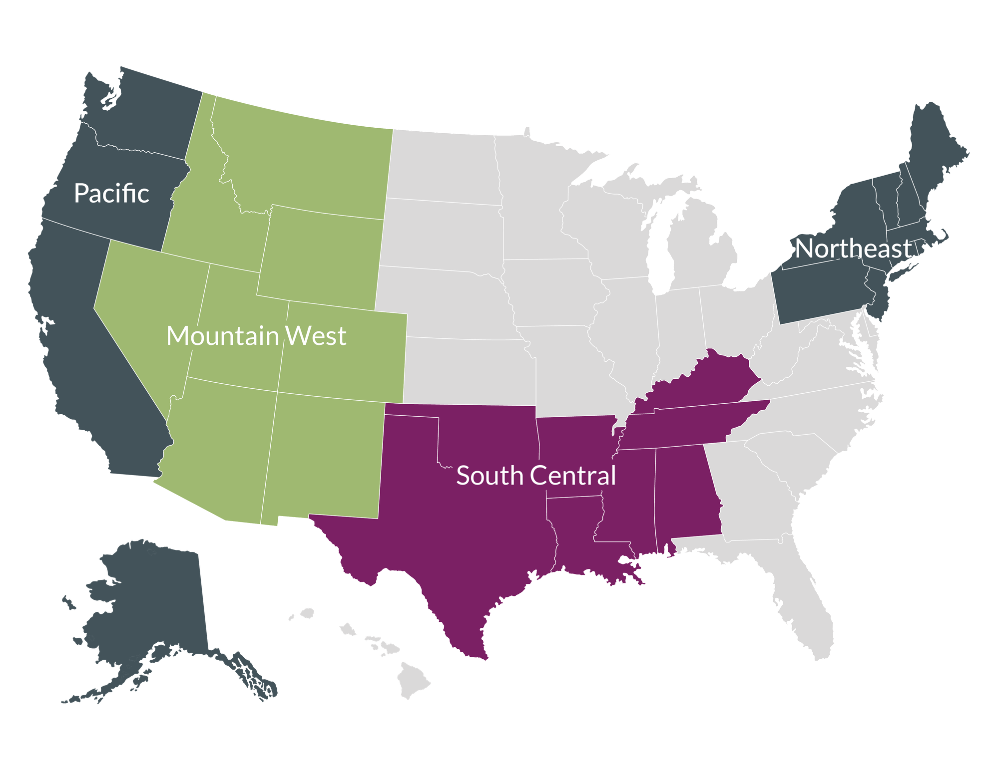 Map of the United States - Pacific, Mountain West, South Central, and Northeast regions identified