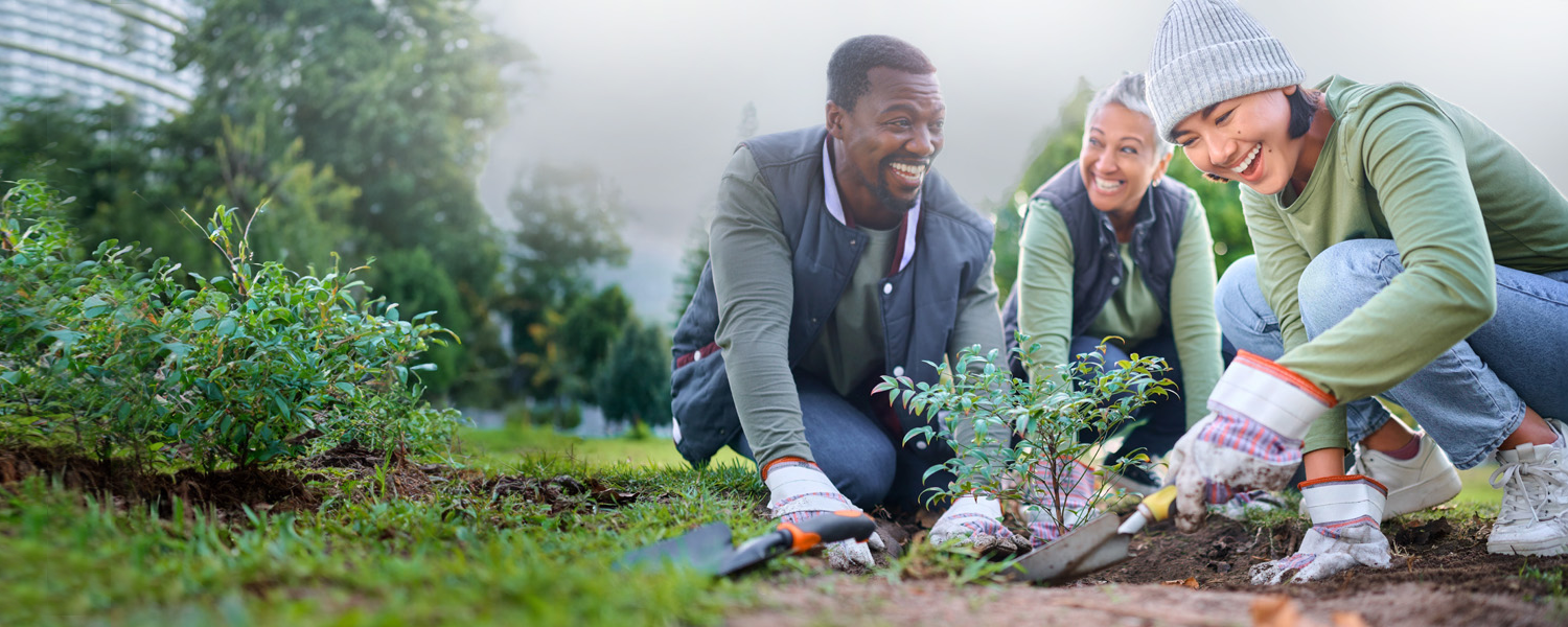 Happy volunteers gardening